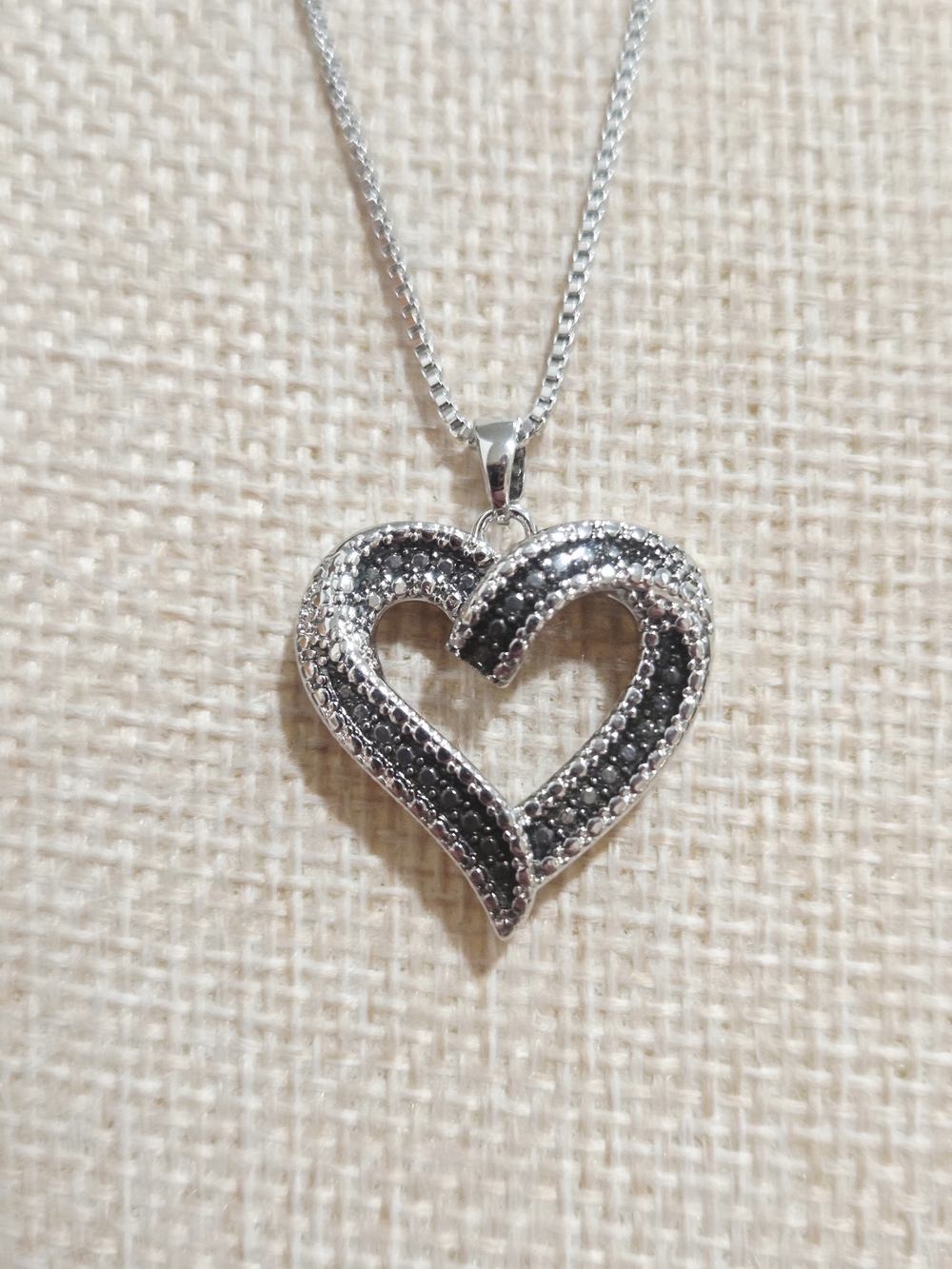 Silver Heart Pendant Necklace with Black Stones